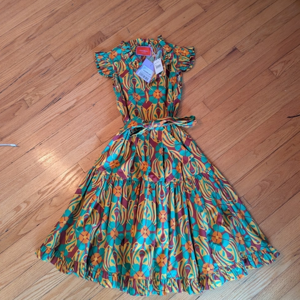 LA DoubleJ Floral Midi Dress in Teal, Mustard & Brown